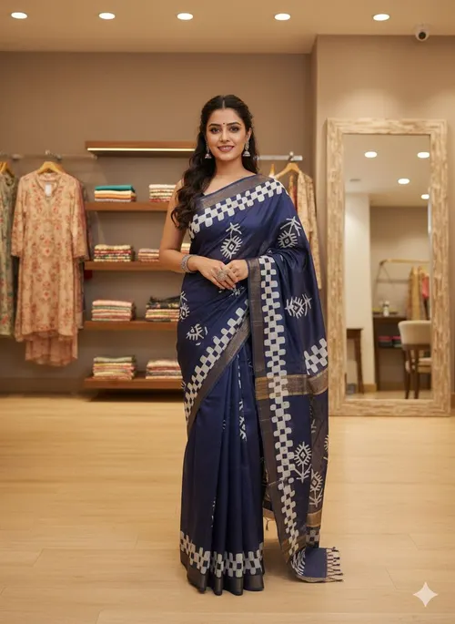 Semi Tussar Silk Saree with Authentic Batik Print – Elegant & Artisanal Drape